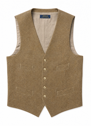 Polo Ralph Lauren Mens Light Brown Twill Tweed Notch Lapel Custom Fit 3-Piece Linen Wool Suit - 40L