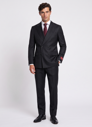 Mazara Mens Solid Black Slim Fit Double Breasted Wool Blend Suit