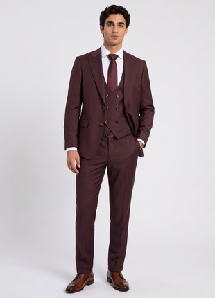 Tovaglia Mens Solid Dark Burgundy Classic Fit Peak Lapel Wool 3 Piece Suit