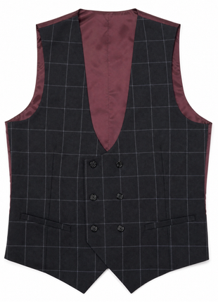 Mazara Mens Black With Gray Windowpane Slim Fit Peak Lapel 3-Piece Wool Suit