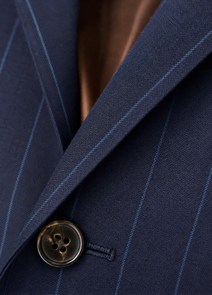 Mazara Mens Blue Pinstriped Slim Fit Peak Lapel Wool Blend 2-Button Suit