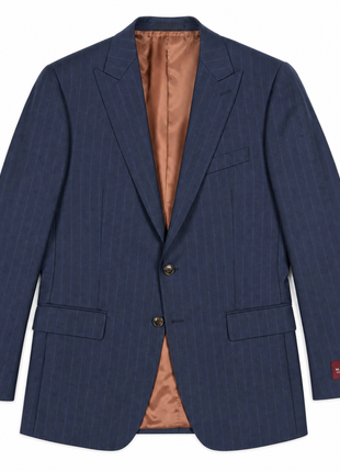 Mazara Mens Blue Pinstriped Slim Fit Peak Lapel Wool Blend 2-Button Suit