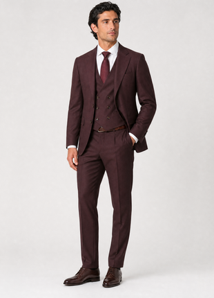 Tovaglia Mens Solid Dark Burgundy Slim Fit Peak Lapel Wool 3 Piece Suit
