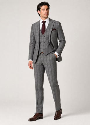 Mazara Mens Black & White Plaid Slim Fit Peak Lapels 3-Piece Wool Suit