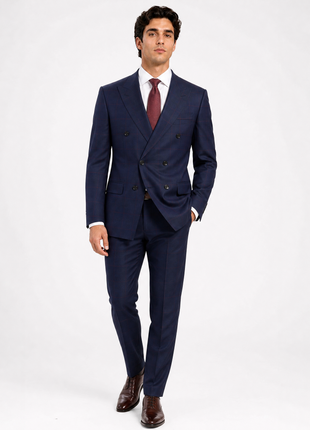 Mazara Mens Navy With Burgundy Windowpane Slim Fit Double-Breasted Wool Suit