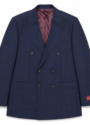 Mazara Mens Navy With Burgundy Windowpane Slim Fit Double-Breasted Wool Suit