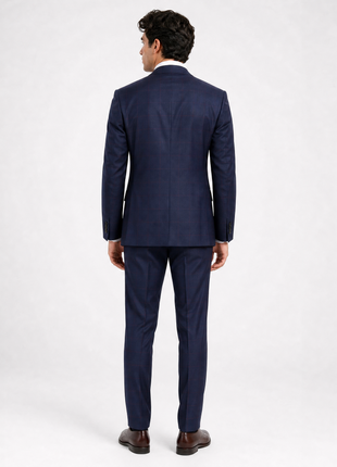 Mazara Mens Navy With Burgundy Windowpane Slim Fit Double-Breasted Wool Suit