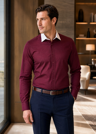 Steven Land Solid Burgundy Contrast Spread Collar Classic Fit French Cuff Cotton Stretch Dress Shirt