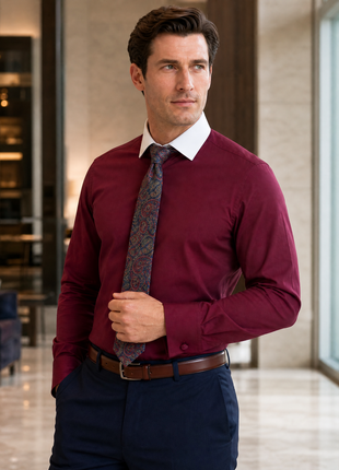 Steven Land Solid Burgundy Contrast Spread Collar Classic Fit French Cuff Cotton Stretch Dress Shirt