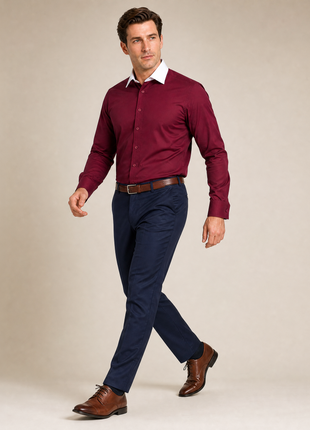 Steven Land Solid Burgundy Contrast Spread Collar Classic Fit French Cuff Cotton Stretch Dress Shirt