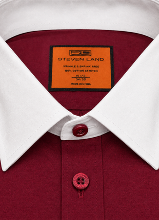 Steven Land Solid Burgundy Contrast Spread Collar Classic Fit French Cuff Cotton Stretch Dress Shirt