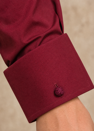 Steven Land Solid Burgundy Contrast Spread Collar Classic Fit French Cuff Cotton Stretch Dress Shirt
