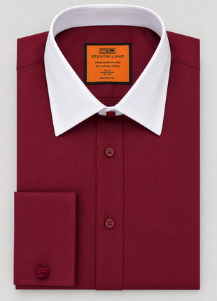 Steven Land Solid Burgundy Contrast Spread Collar Classic Fit French Cuff Cotton Stretch Dress Shirt