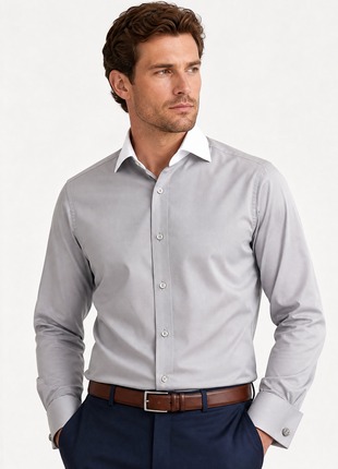 Steven Land Mens Solid Silver Contrast Spread Collar French Cuff Cotton Stretch Dress Shirt