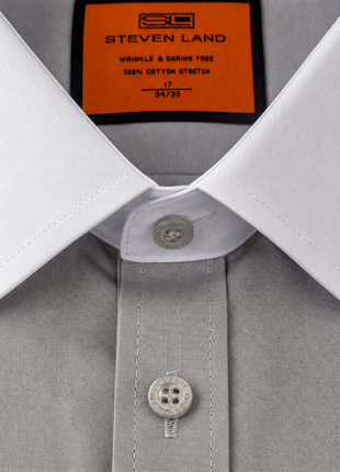 Steven Land Mens Solid Silver Contrast Spread Collar French Cuff Cotton Stretch Dress Shirt
