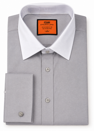 Steven Land Mens Solid Silver Contrast Spread Collar French Cuff Cotton Stretch Dress Shirt