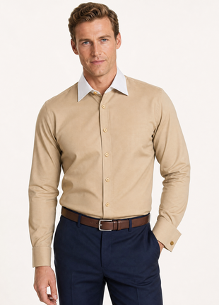 Steven Land Solid Khaki Contrast Spread Collar Classic Fit French Cuff Cotton Stretch Dress Shirt