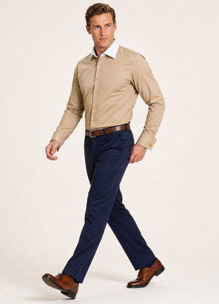 Steven Land Solid Khaki Contrast Spread Collar Classic Fit French Cuff Cotton Stretch Dress Shirt