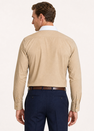 Steven Land Solid Khaki Contrast Spread Collar Classic Fit French Cuff Cotton Stretch Dress Shirt