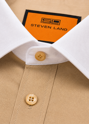 Steven Land Solid Khaki Contrast Spread Collar Classic Fit French Cuff Cotton Stretch Dress Shirt