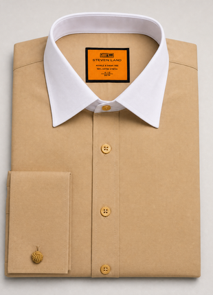 Steven Land Solid Khaki Contrast Spread Collar Classic Fit French Cuff Cotton Stretch Dress Shirt