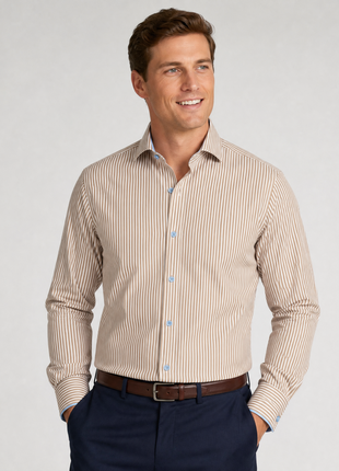 Steven Land Brown Bengal Stripe Cutaway Collar Barrel Cuff Cotton Dress Shirt