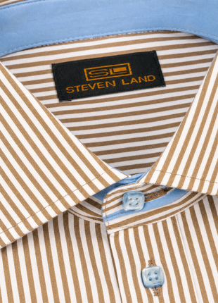 Steven Land Brown Bengal Stripe Cutaway Collar Barrel Cuff Cotton Dress Shirt