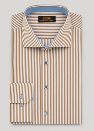 Steven Land Brown Bengal Stripe Cutaway Collar Barrel Cuff Cotton Dress Shirt