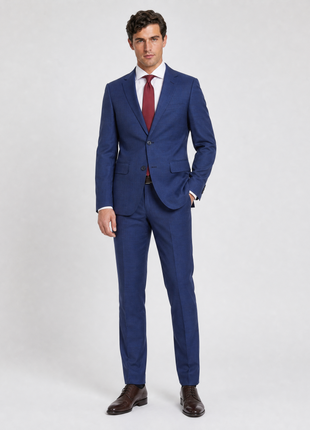 Extra Slim Fit Mens Blue Textured Two Button Wool Suit With Pick Stitching