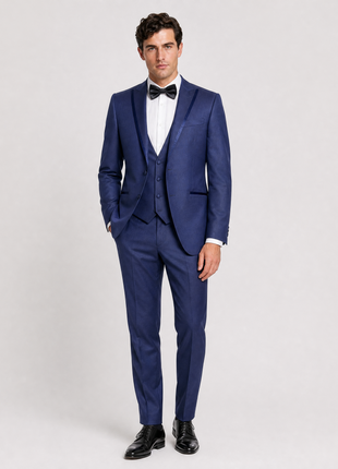 Corneliani Mens Solid Navy Fully-Canvassed Peak Lapel Slim Fit 3-Piece Wool Tuxedo Suit - 38R