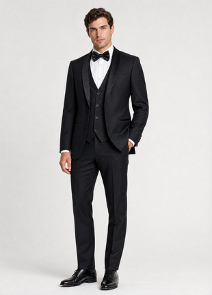 Corneliani Mens Black Mixed Pattern Fully-Canvassed Shawl Lapel Slim Fit 3-Piece Wool Tuxedo - 42R