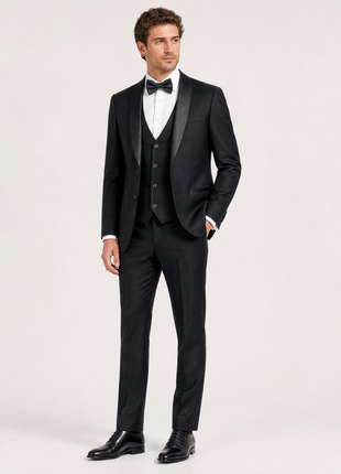 Corneliani Mens Black Mixed Pattern Fully-Canvassed Shawl Lapel Slim Fit 3-Piece Wool Tuxedo - 38R