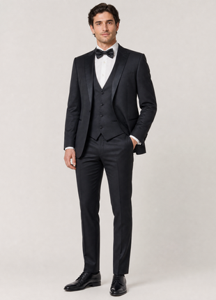 Corneliani Mens Solid Black Fully-Canvassed Satin Split Peak Lapel Slim Fit 3-Piece Wool Tuxedo - 36R