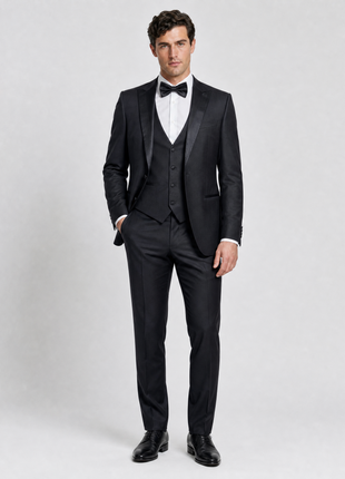 Corneliani Mens Solid Black Fully-Canvassed Satin Split Peak Lapel Slim Fit 3-Piece Wool Tuxedo - 38R