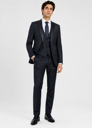 Corneliani Mens Solid Black Fully-Canvassed Satin Split Peak Lapel Slim Fit 3-Piece Wool Tuxedo - 42R