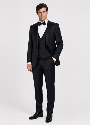 Corneliani Mens Solid Black Fully-Canvassed Peak Lapel Slim Fit 3-Piece Wool Tuxedo - 42R