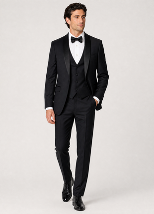 Corneliani Mens Solid Black Fully-Canvassed Shawl Lapel Classic Fit 3-Piece Wool Tuxedo - 38R