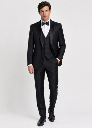 Corneliani Mens Solid Black Fully-Canvassed Shawl Lapel Classic Fit 3-Piece Wool Tuxedo - 38R