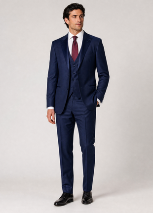 Corneliani Mens Blue Geometric Texture Fully-Canvassed Peak Lapel Slim Fit 3-Piece Wool Tuxedo - 44R