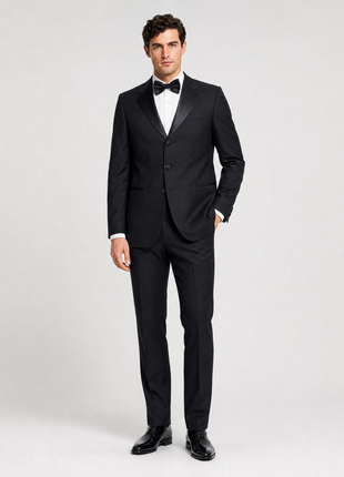 Pal Zileri Mens Solid Black Satin Notch Lapel Classic Fit 3-Button Wool Tuxedo - 42L