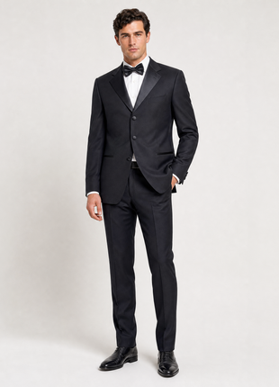 Pal Zileri Mens Solid Black Satin Notch Lapel Classic Fit 3-Button Wool Tuxedo - 44L