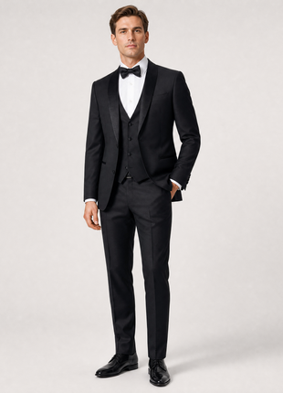 Corneliani Mens Solid Black Fully-Canvassed Shawl Lapel Classic Fit 3-Piece Wool Tuxedo - 38R