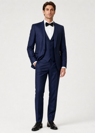 Corneliani Mens Solid Navy Fully-Canvassed Shawl Lapels Slim Fit 3-Piece Wool Tuxedo - 42R