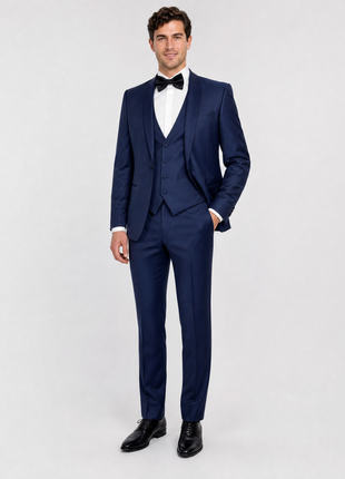 Corneliani Mens Solid Navy Fully-Canvassed Shawl Lapel Slim Fit 3-Piece Wool Tuxedo - 38S
