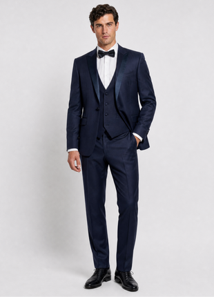 Corneliani Mens Solid Navy Fully-Canvassed Peak Lapel Slim Fit 3-Piece Wool Tuxedo - 42R