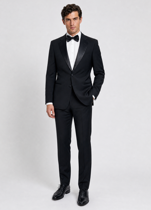 Giorgio Armani Mens Solid Black Fully-Canvassed Satin Notch Lapel Slim Fit 2-Button Wool Tuxedo - 40L