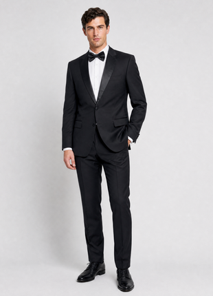Versace Collection Mens Black Textured Satin Peak Lapel Classic Fit Stretch 2-Button Wool Blend Tuxedo - 44L