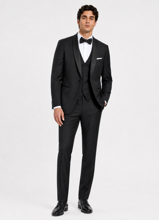 Corneliani Mens Solid Black Fully-Canvassed Shawl Lapel Classic Fit 3-Piece Wool Silk Tuxedo - 36S