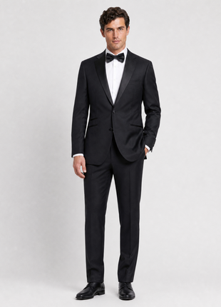 Napoli Mens Solid Black Notch Lapel Slim Fit 2-Button Wool Cashmere Tuxedo with Ticket Pocket - 42L