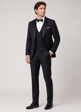 Armani Collezioni Solid Black Modern Fit Shawl Lapel 2-Button 3 piece Wool Tuxedo 34R